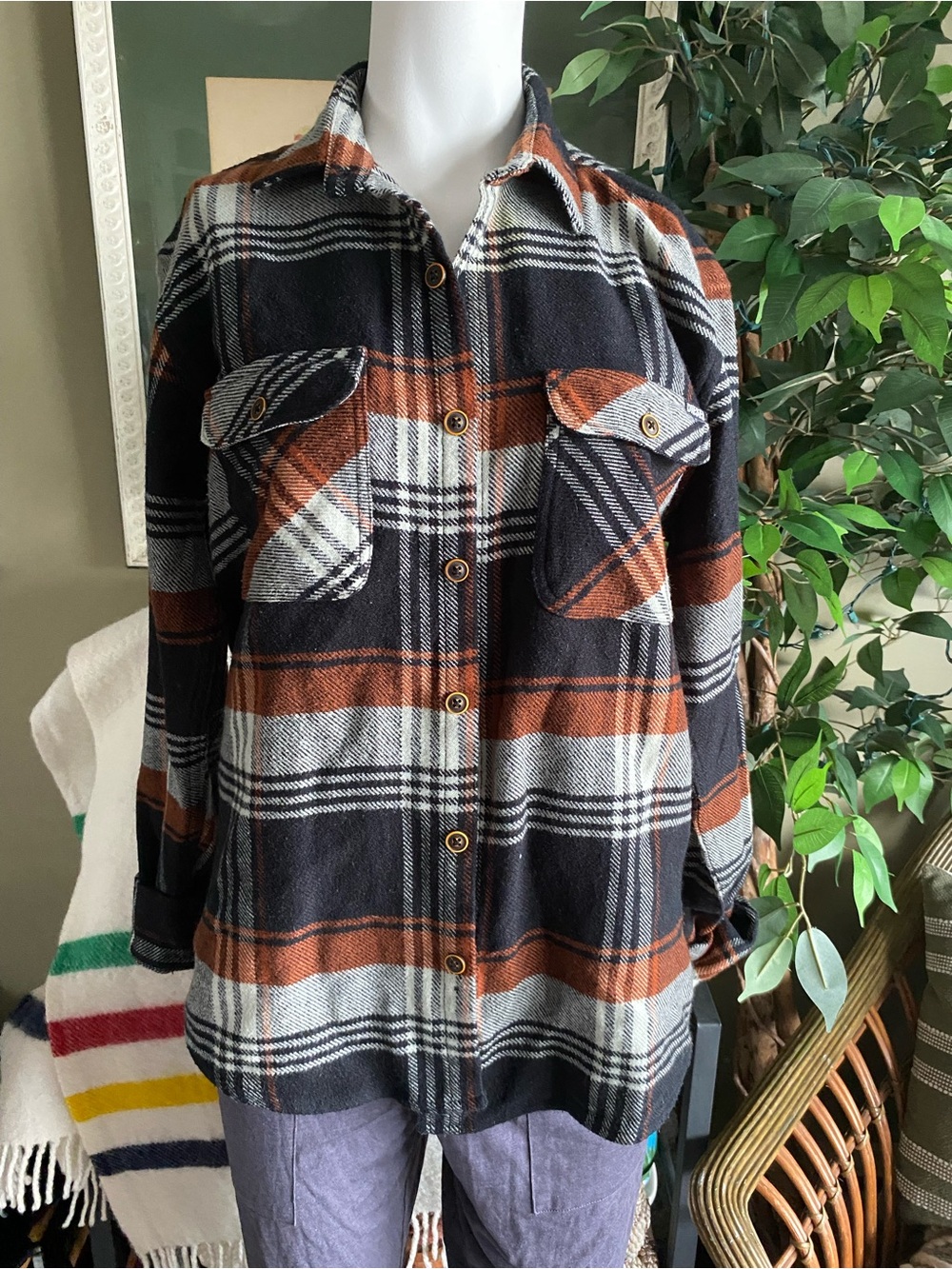 DIESEL Plaid Shirt in Black, Rust & Cream